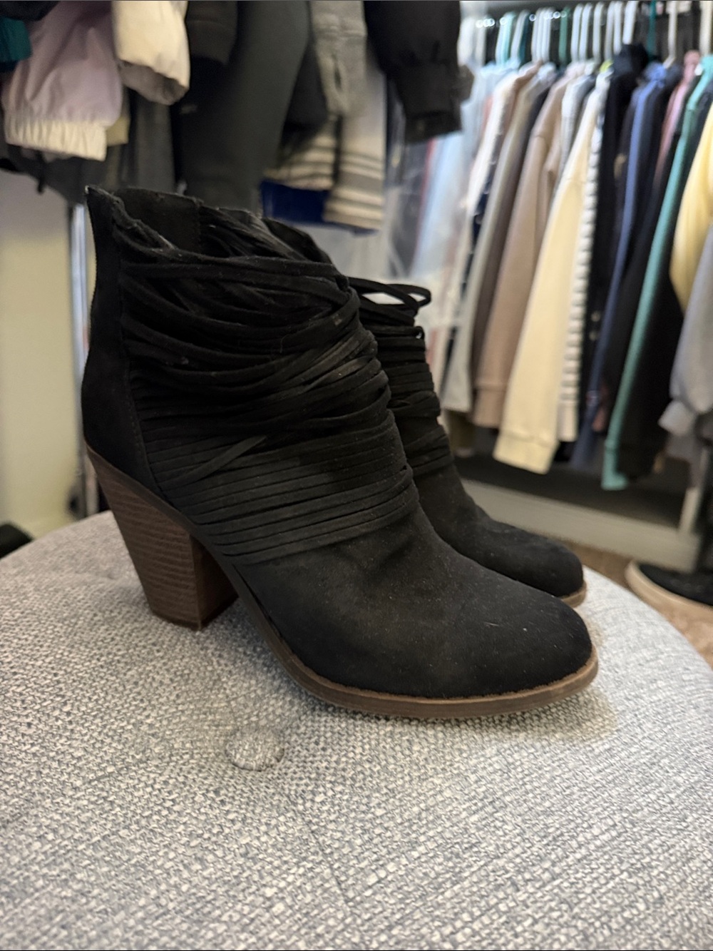 Women’s Black Suede Ankle Booties with Wrap Detail